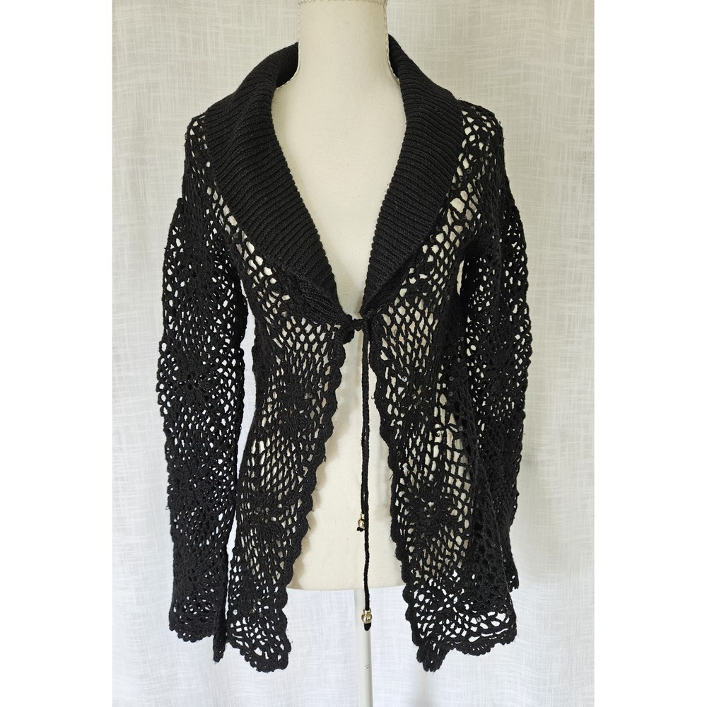 Crochet Cardigan Women Large Black Open Knit Sequin Boho Festival Whimsigoth Y2K